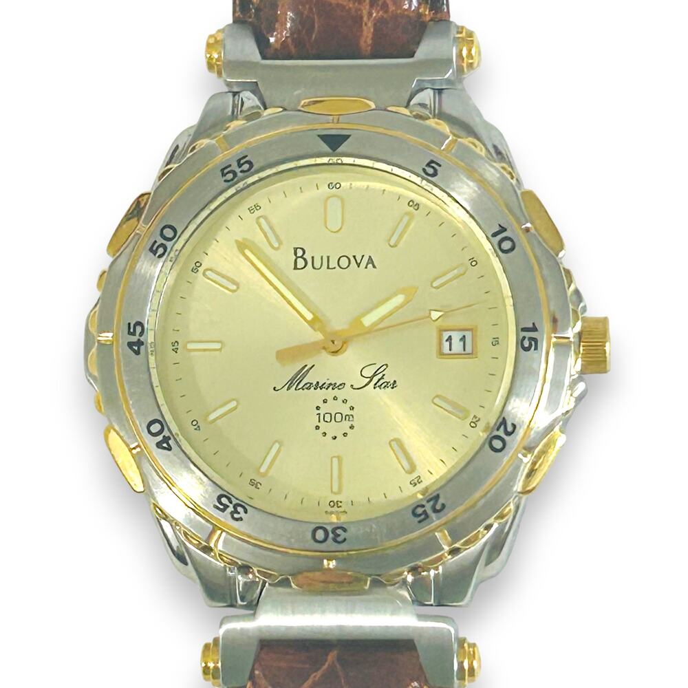 Bulova Marine Star Ladies Watch Quartz 37mm 2 Tone Leather Strap Vintage